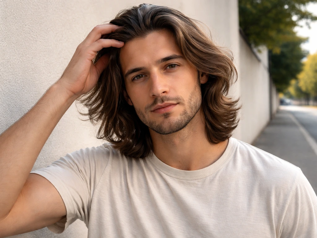Man with a natural, flowing center-part hairstyle outdoors in soft daylight
