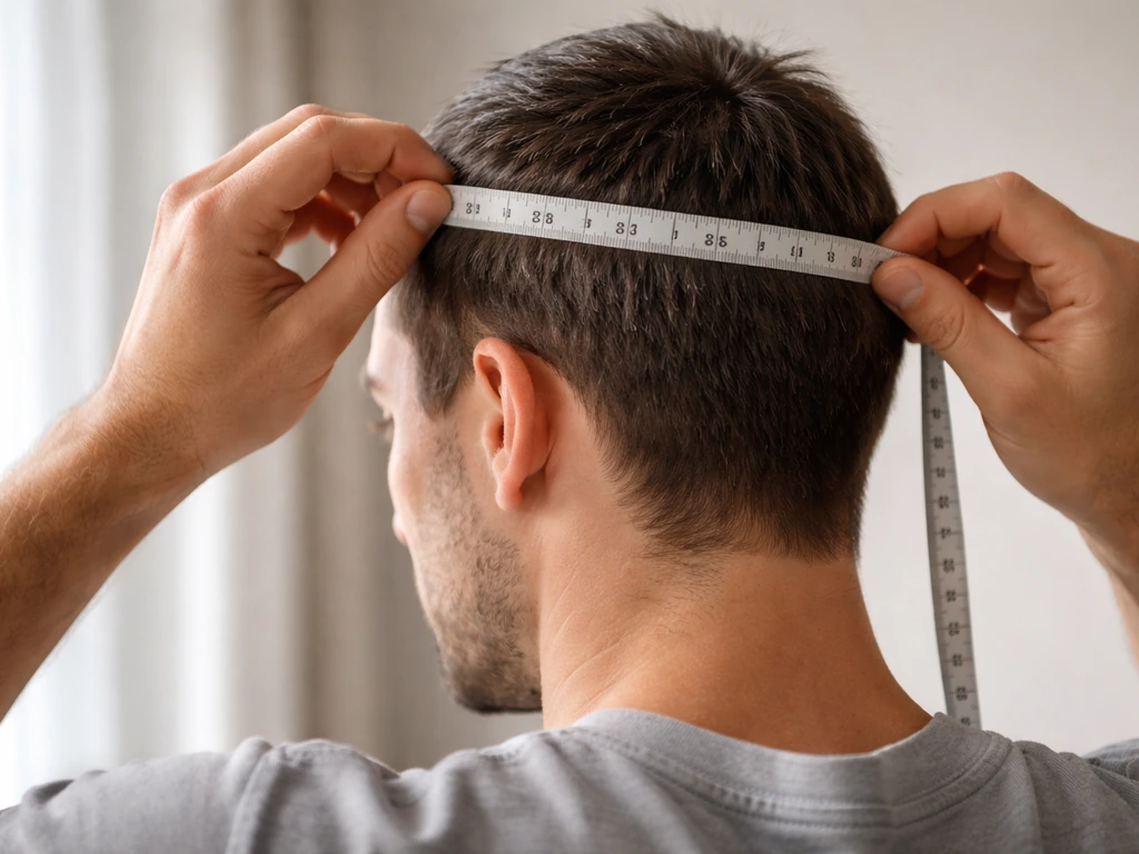 Man in natural light using a tape measure to check hair length from top, sides, and back.