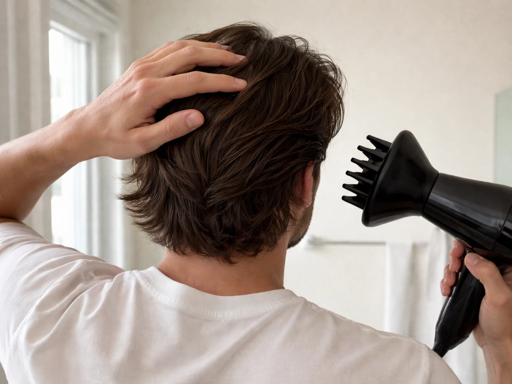 Person styling awkward mid-length hair with a light-hold pomade and a blow dryer with diffuser.