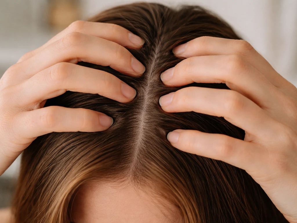 Anonymous hands massaging parted scalp in small circular motions, close-up of fingertips contact.