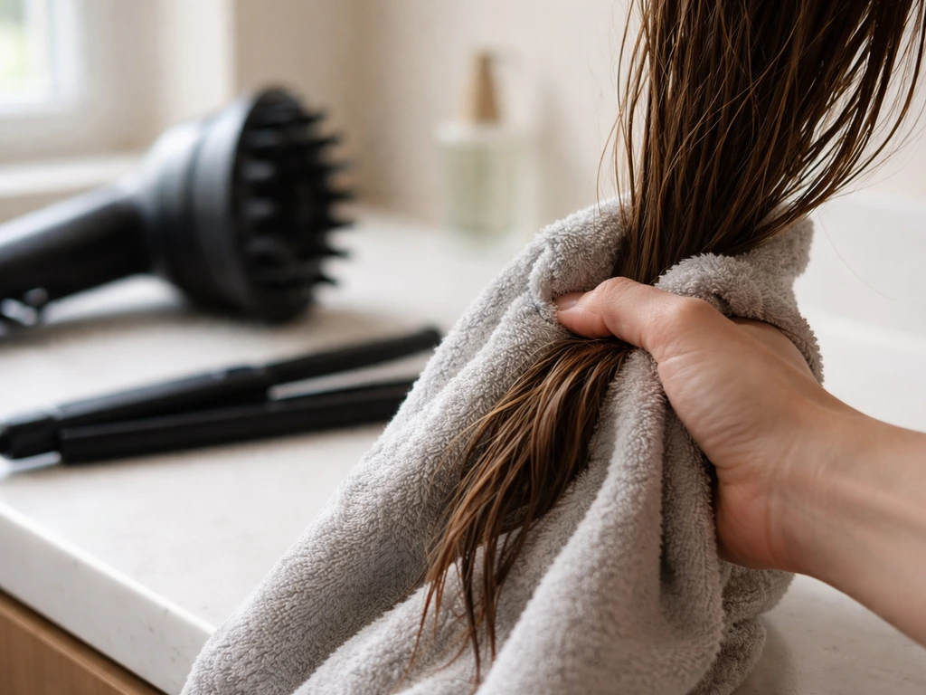 Microfiber towel drying damp hair with a diffuser nearby and a flat iron blurred in the background.