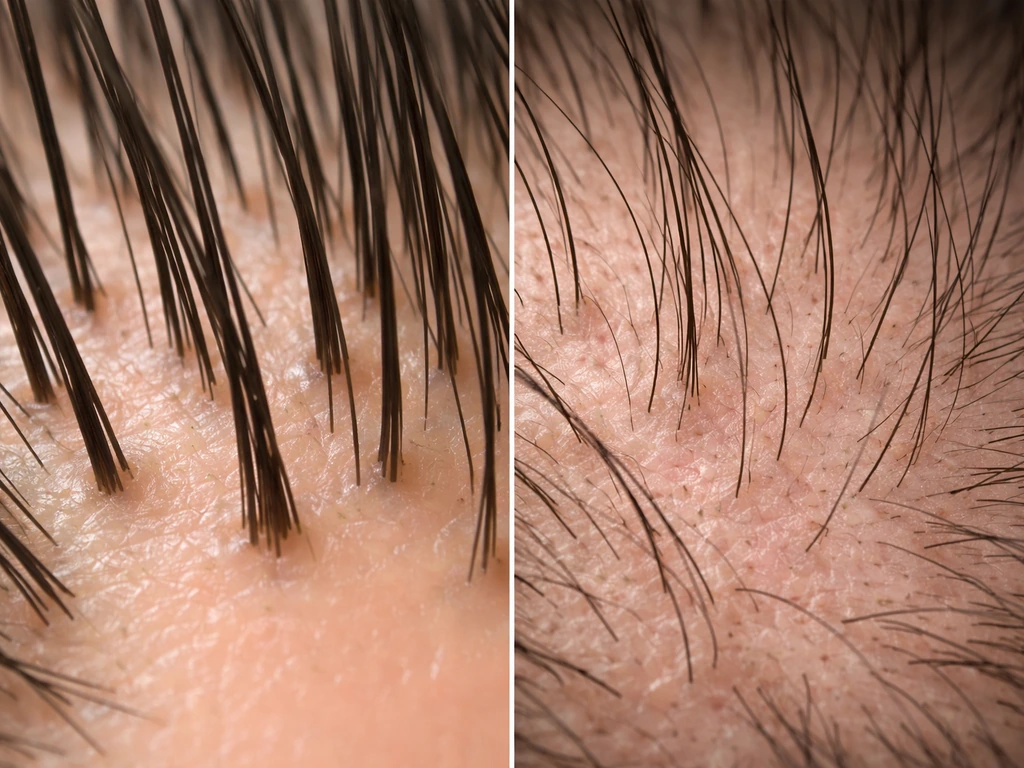 Split-screen close-up of thick healthy hair roots versus thinning brittle hair strands.