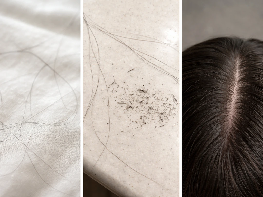 Three hair-condition closeups: shedding on sheet, breakage with snapped strands, and thinning with visible scalp.