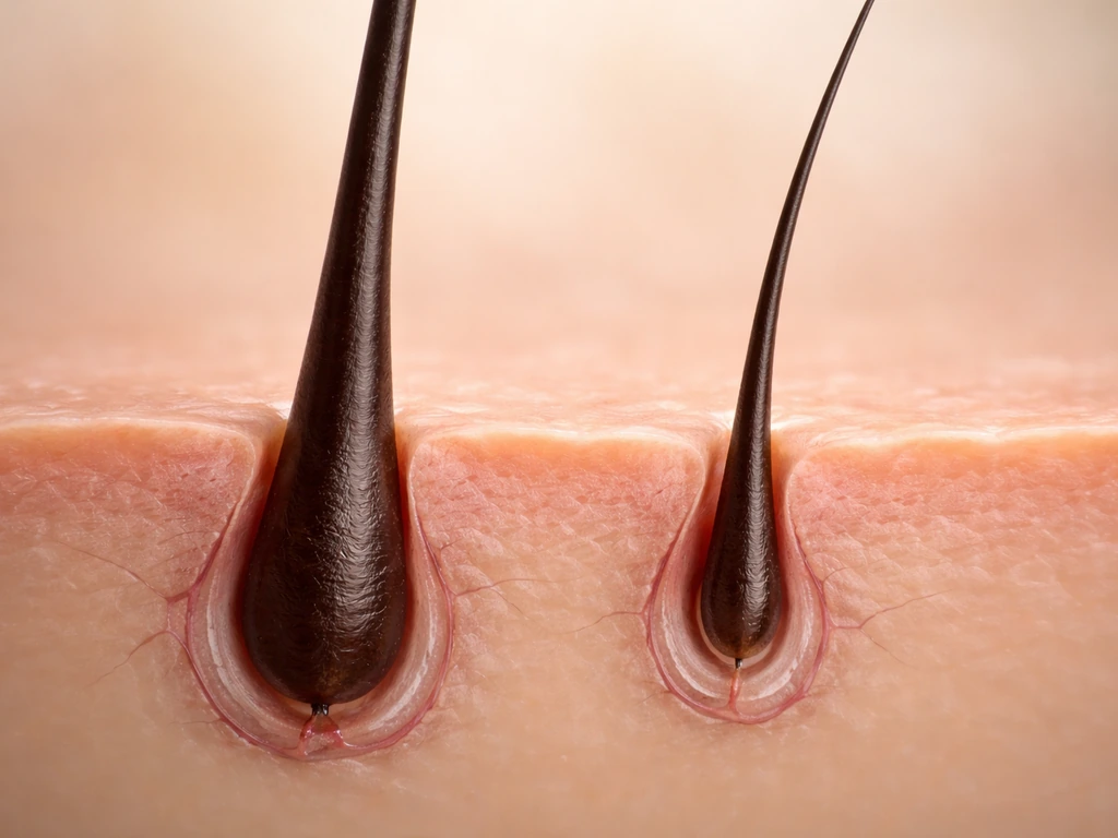 Macro view of normal vs miniaturized hair follicles, showing thinning at the root level.