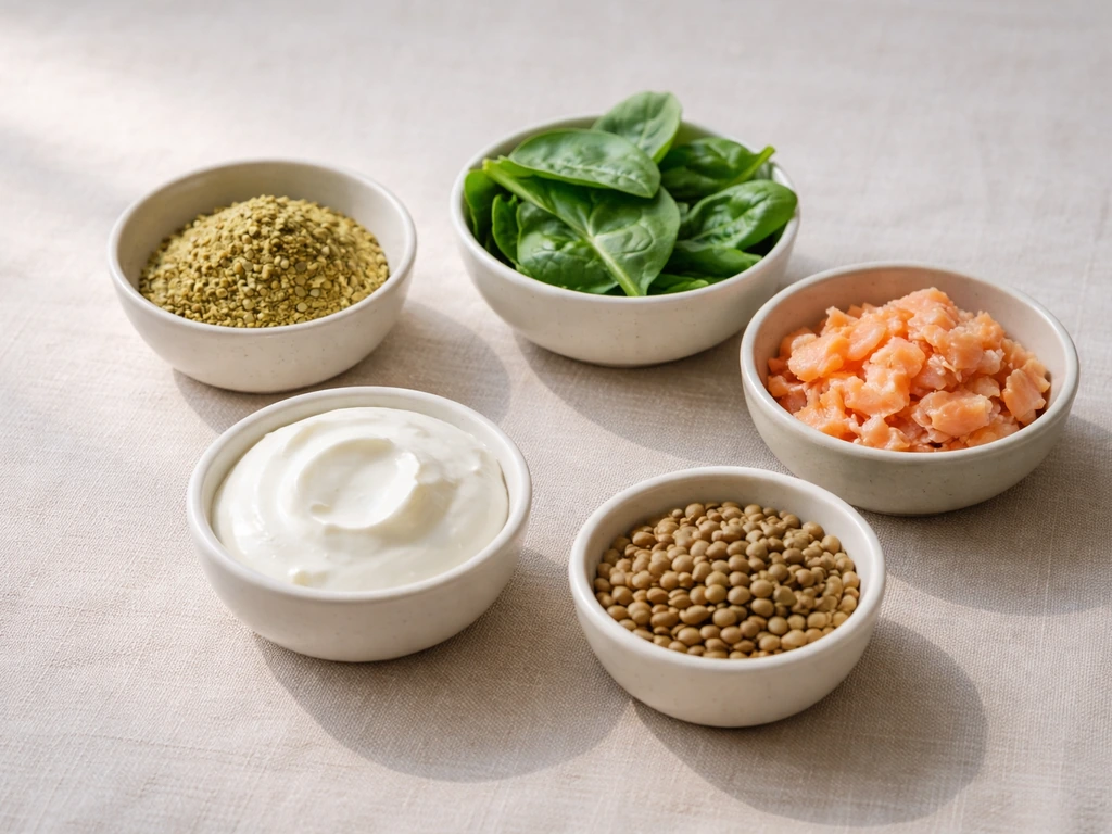 Small bowls of iron- and vitamin-rich foods (spinach, lentils, pumpkin seeds, yogurt, salmon) on a table.