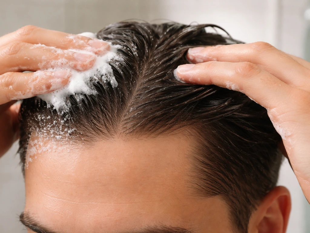 Closeup of ketoconazole shampoo being massaged into the scalp with visible lather and clean hairline.