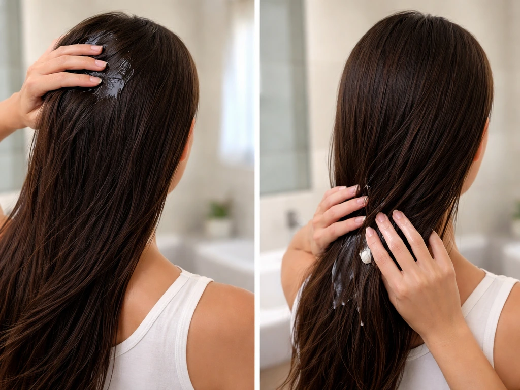 Two-frame photo: heavy oil on scalp vs lightweight moisturizer applied only to hair lengths/ends.