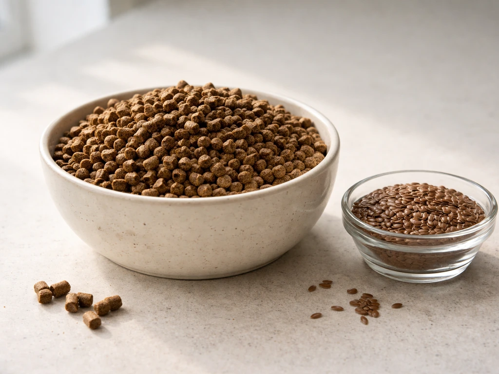 Protein equine feed bowl and separate omega-3 seeds staged on a kitchen counter for a nutrition-focused image.