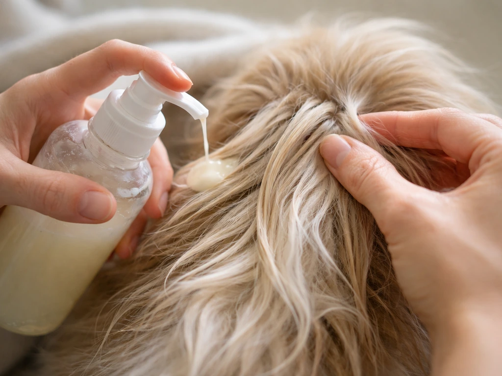 Close-up of hands applying moisturizing shampoo and detangling conditioner on a mane with gentle slip.