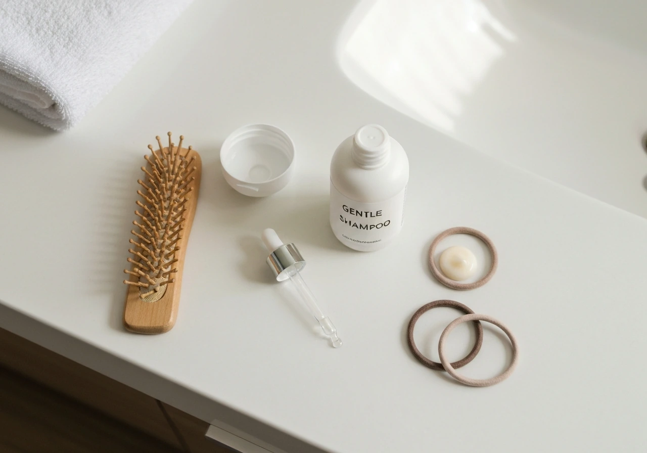 Overhead view of hair-care items on a clean bathroom counter arranged for a daily hair-growth routine.