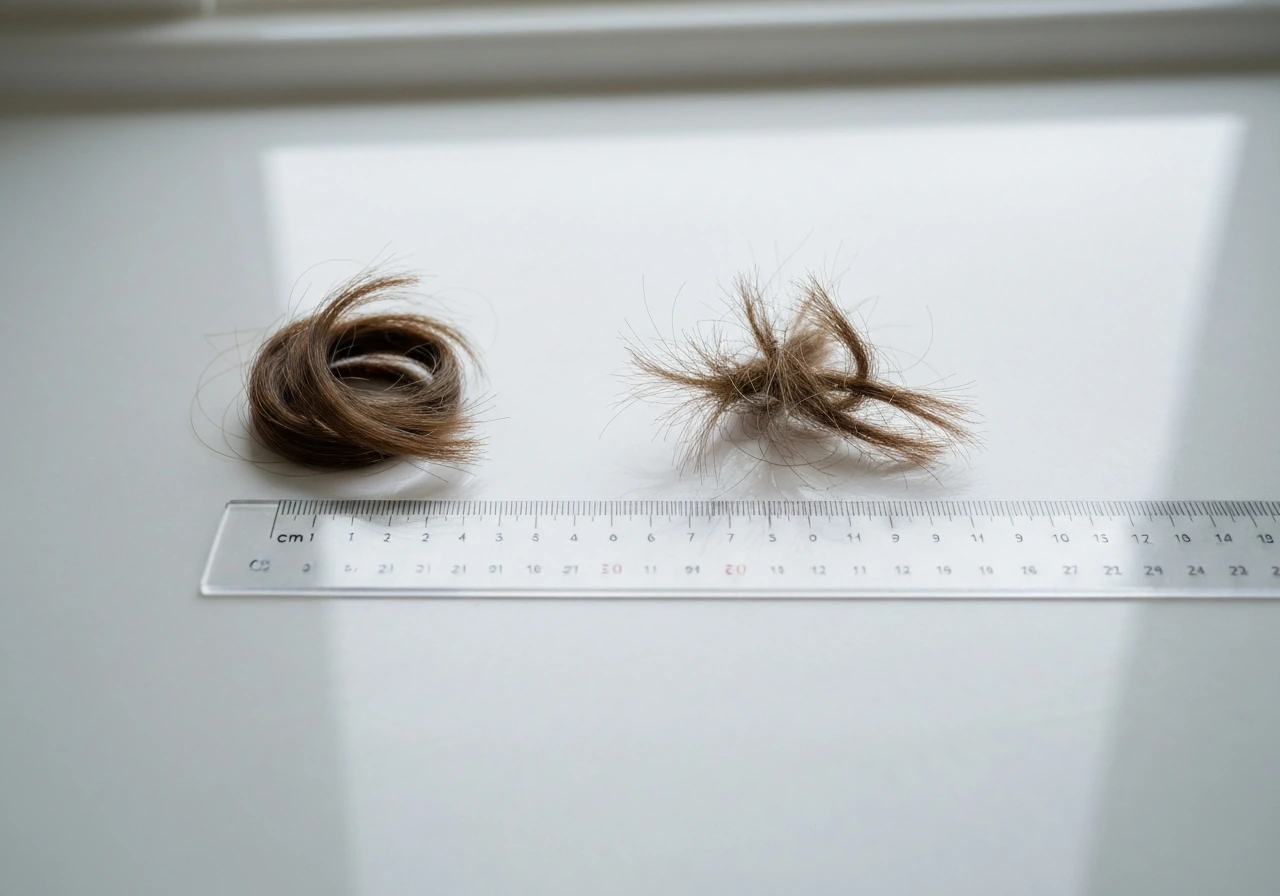 Close-up of long intact hair strands beside frayed split ends on a white counter with a ruler for scale