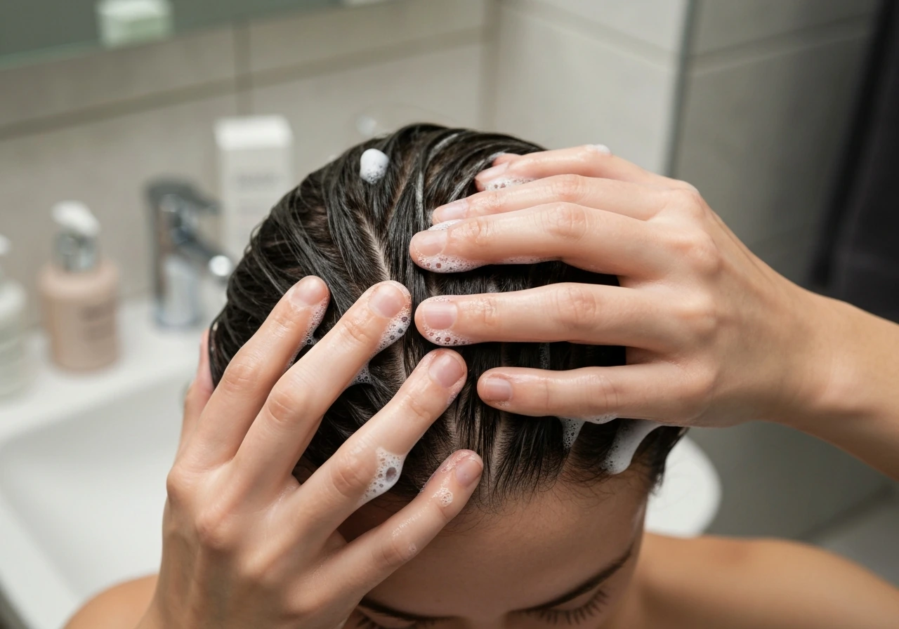Hand lathering an exfoliating scalp shampoo on a person’s scalp with visible foam.