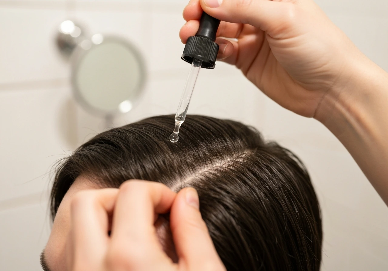 Hands using a dropper to apply minoxidil onto a parted scalp, minimal bathroom background.