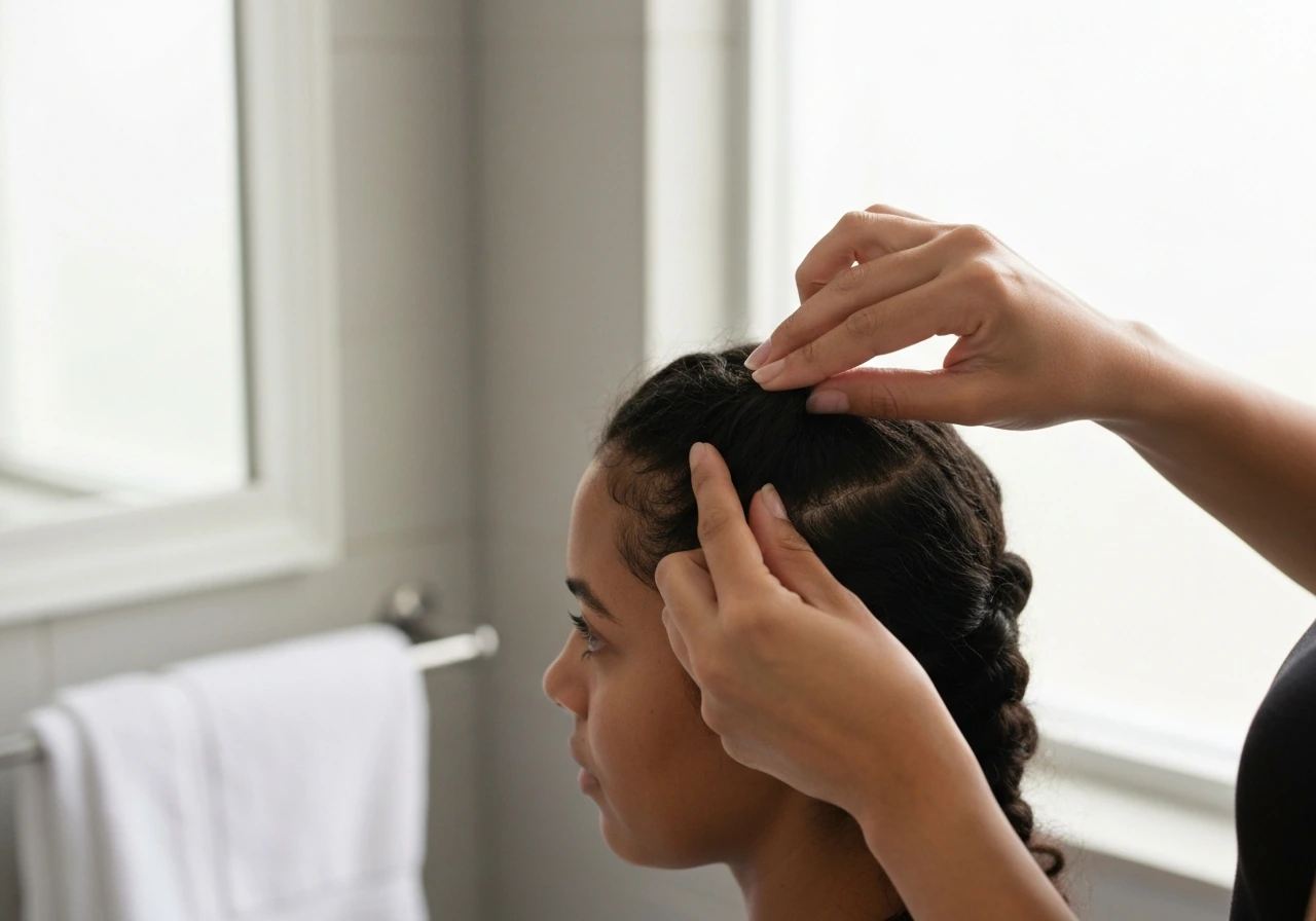 Hands moisturizing natural hair ends with a protective braid/twist that tucks ends away.