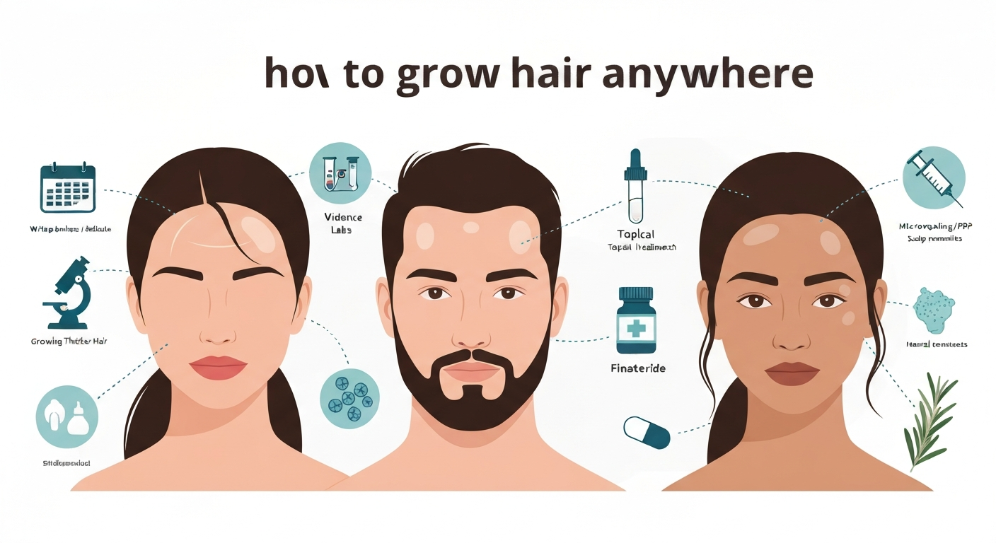 Infographic-style illustration showing three diverse faces with highlighted scalp, beard, and eyebrow areas plus icons for tests and treatments (calendar, lab tube, topical bottle, microneedling syringe, pill bottle, rosemary).