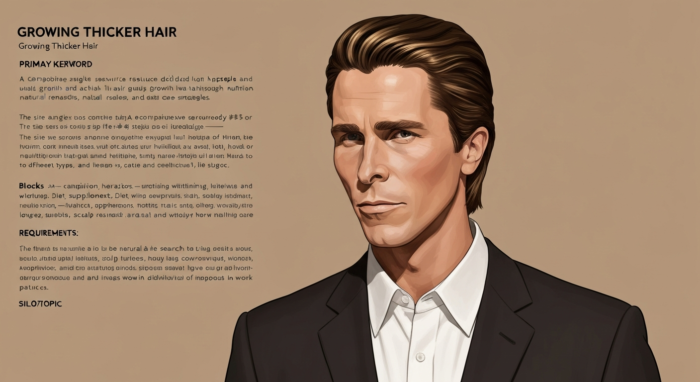 Illustrated portrait of a man with medium-brown, slicked-back hair (3–4 in top, tapered sides) and a high-gloss finish, wearing a dark suit.