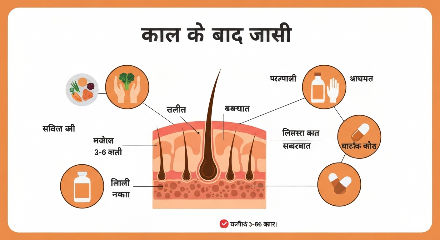 बाल उगाने का हिंदी इन्फोग्राफिक: स्वस्थ स्कैल्प और रूटीन टिप्स (फॉलिकल, डर्मल पैपिला, आहार, तेल मालिश, स्कैल्प केयर)