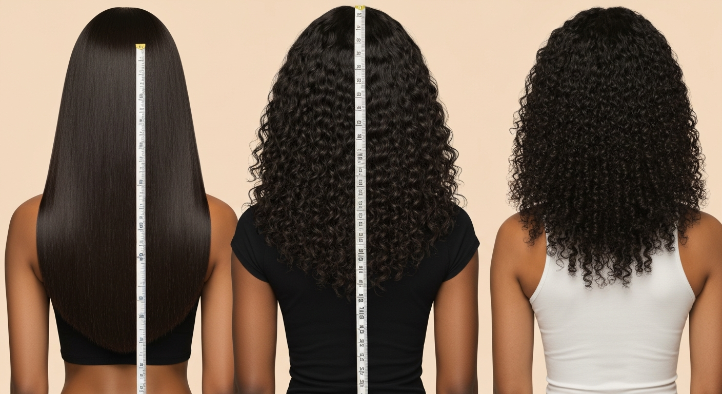 Three people photographed from the back showing hip-length hair in straight, wavy/curly, and coily textures; a measuring tape runs from the crown to the ends showing about 30 inches.