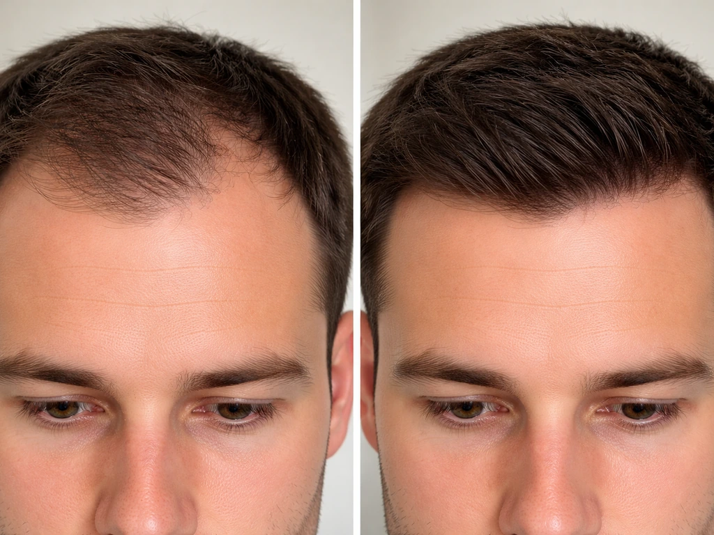 Split-screen close-up of frontal hairline: receding on one side, denser on the other, realistic skin texture.
