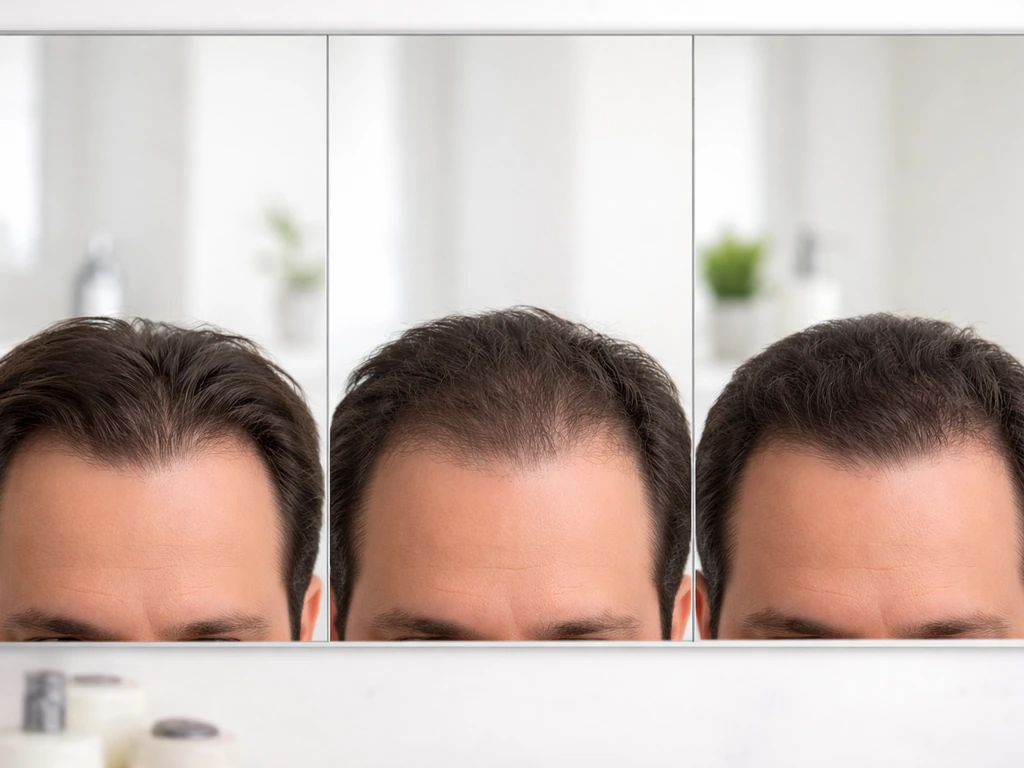 Three anonymous hairline segments in a salon mirror showing different recession patterns on a person’s forehead.