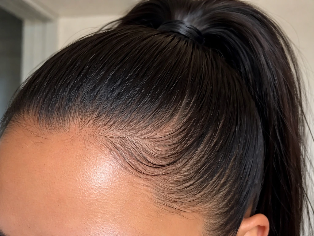 Close-up of a high ponytail pulling at the front hairline, showing traction tension.