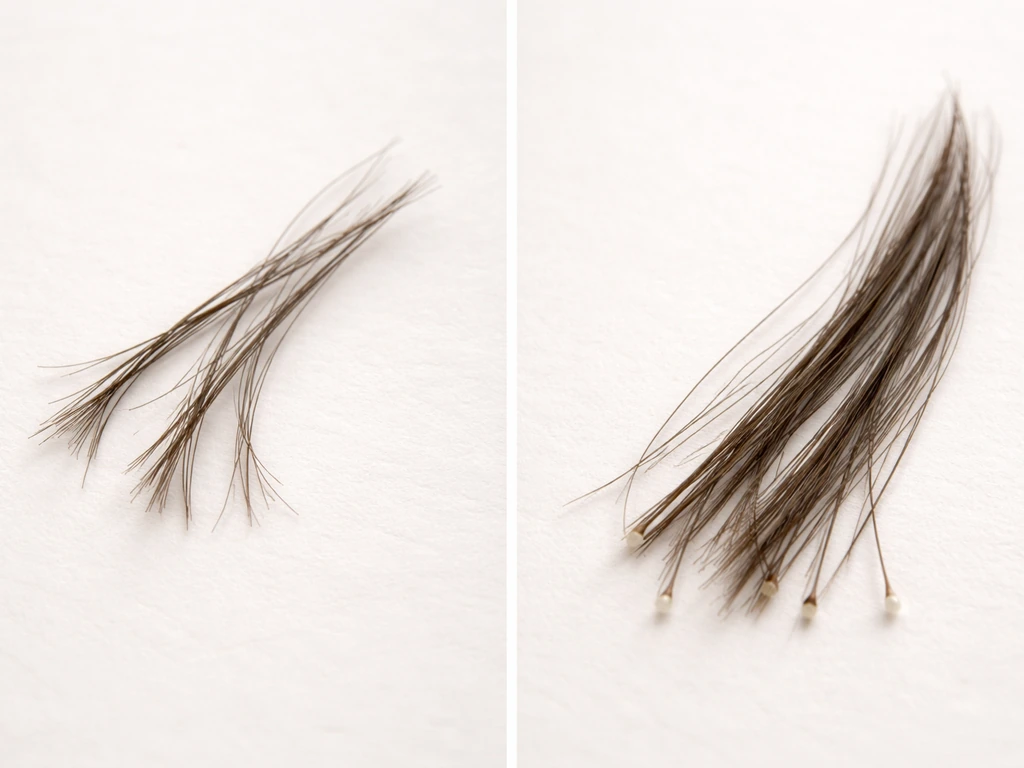 Close-up split view of snapped hair strands beside intact hairs with shed roots on a clean surface