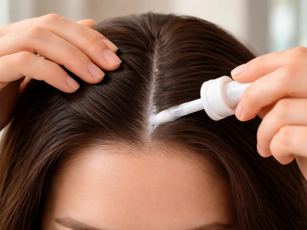Close-up of hands applying topical minoxidil to a frontal hairline along natural part lines