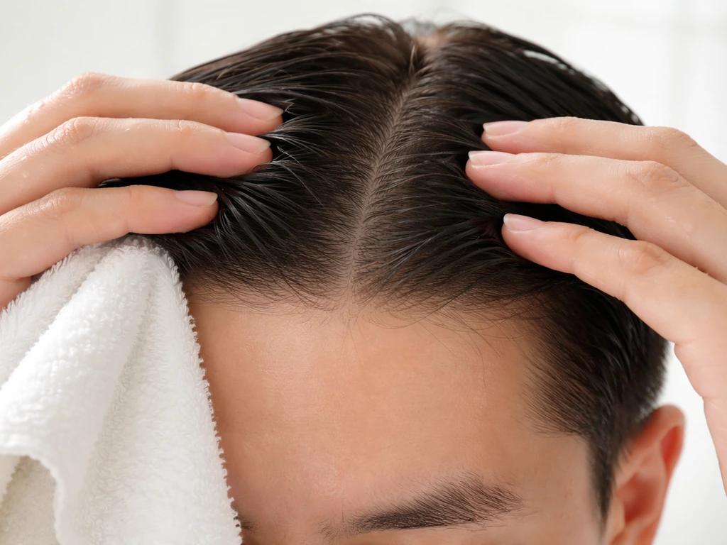 Close-up of hands gently parting hair to reveal a clean, dry scalp along the hairline.