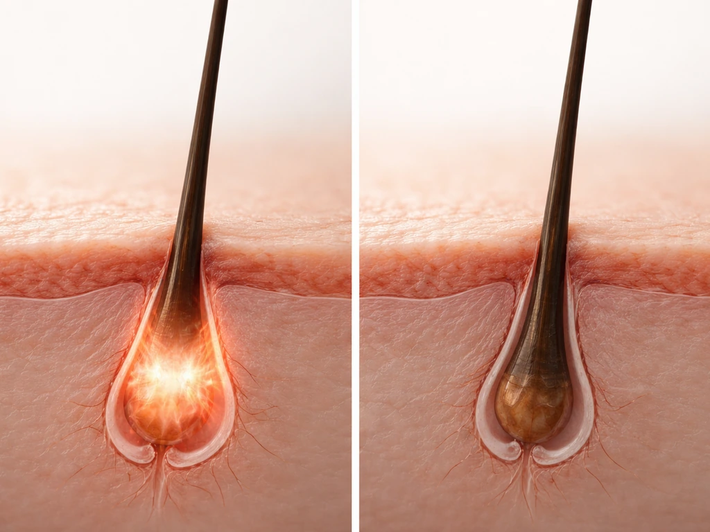 Close-up of a single hair follicle with minimal, realistic photo-illustration showing growth and resting phases