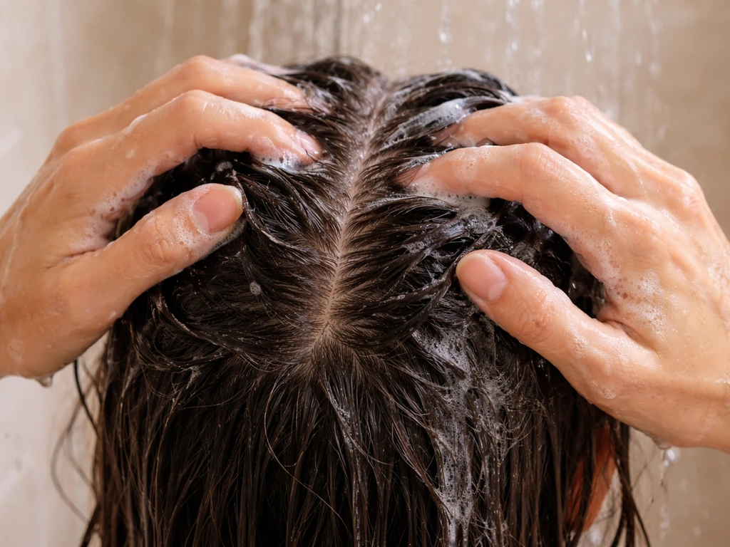 Hands massaging shampoo into hair at the scalp under flowing shower water