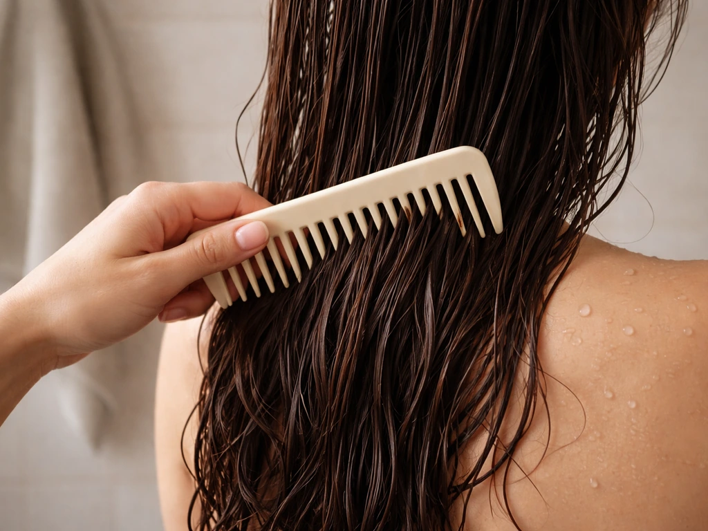 Hand gently combing wet hair with a wide-tooth comb from ends upward in a simple bathroom.