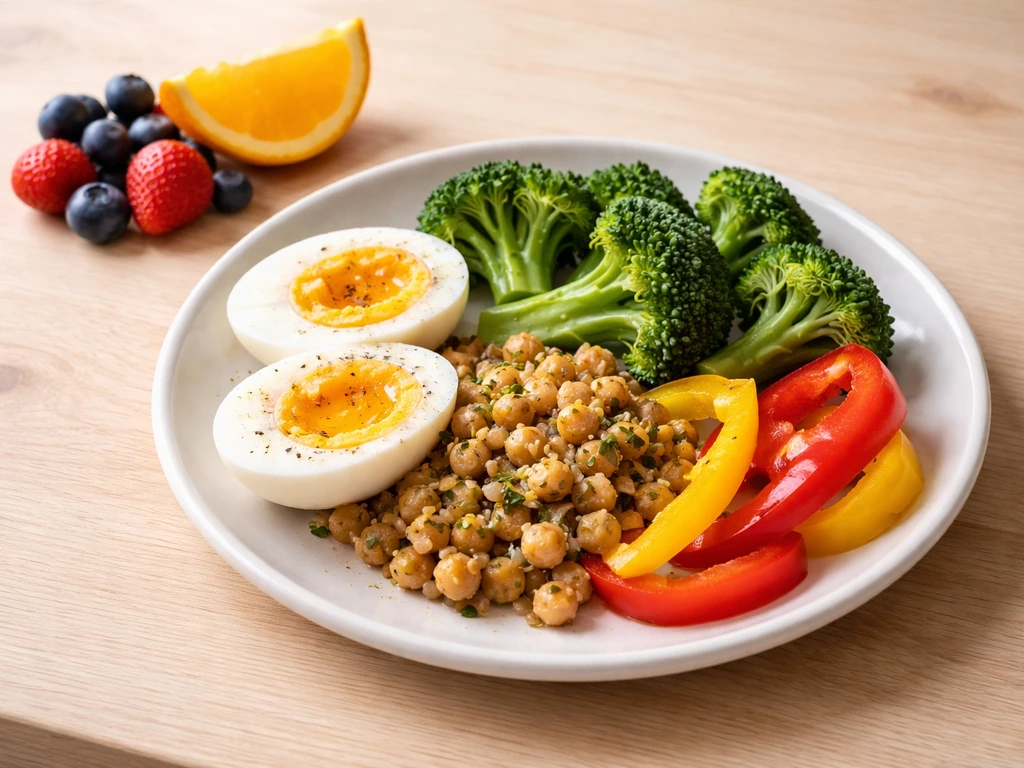 Protein-forward plate with eggs, lean beans, and colorful fruit and vegetables for inside-out hair nutrition.