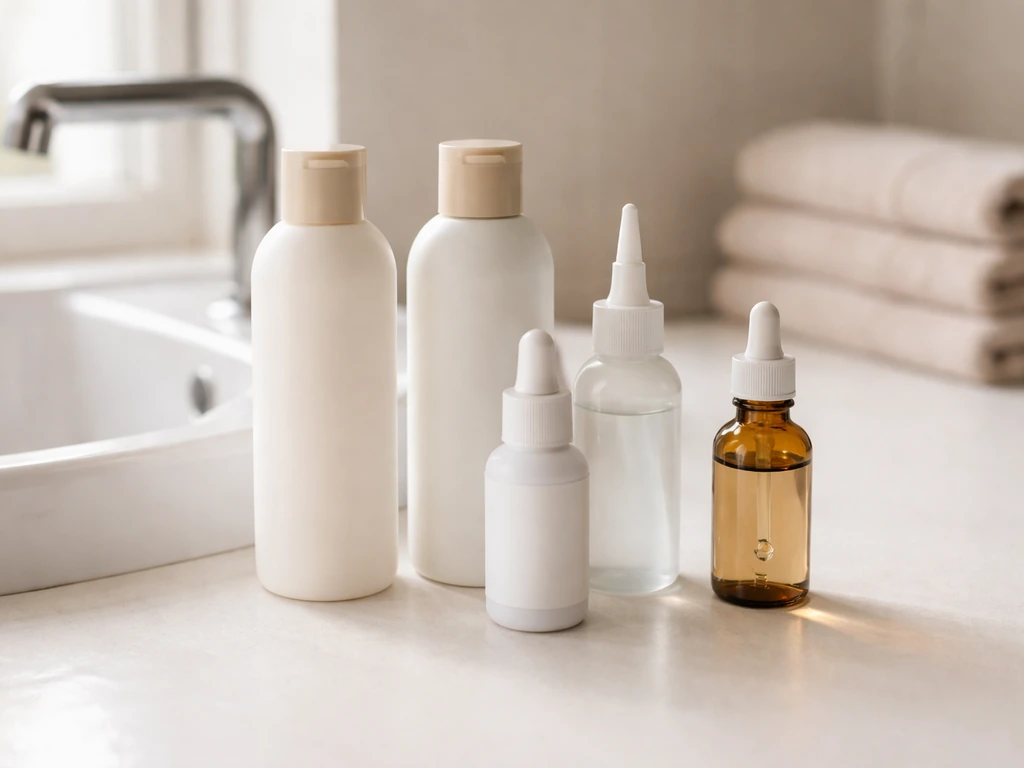 Minimal bathroom counter with generic shampoo, conditioner, ketoconazole bottle, scalp applicator, and dropper.