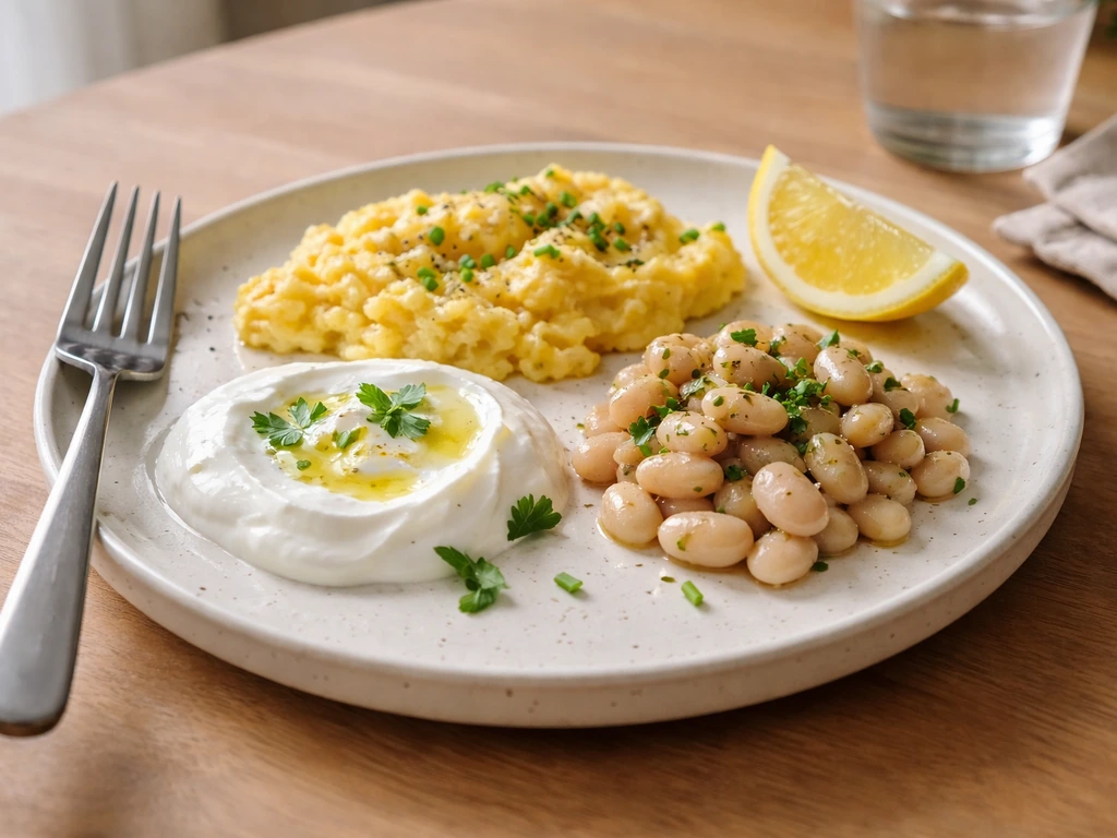 Plate of scrambled eggs, Greek yogurt, and white beans on a wooden table in natural light.