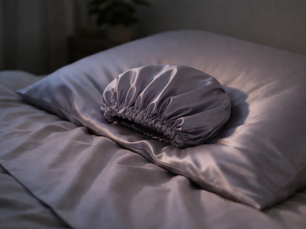 Satin bonnet and satin pillowcase on a bed at night to reduce hair friction.