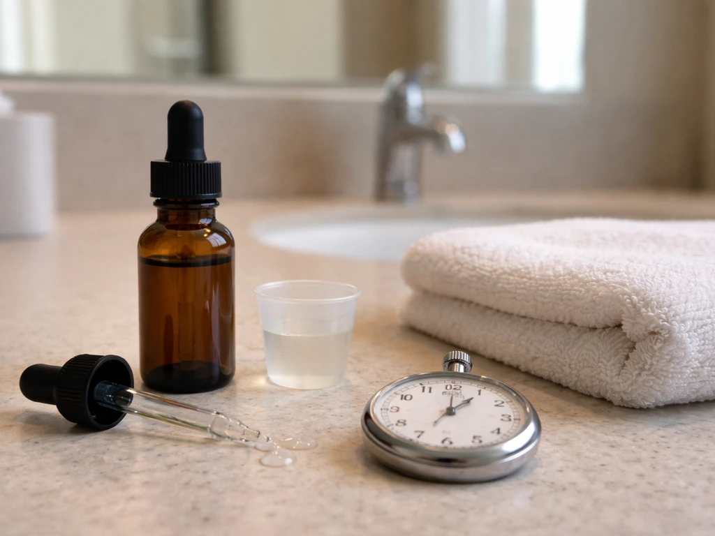 Amber dropper bottle and stopwatch on a bathroom counter with small topical treatment props
