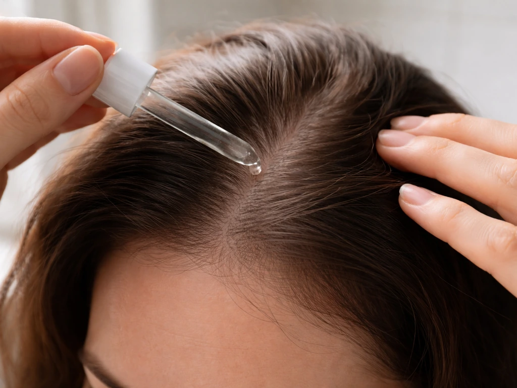 Hands apply hair serum dropper to a visible hairline and scalp part in soft natural light.