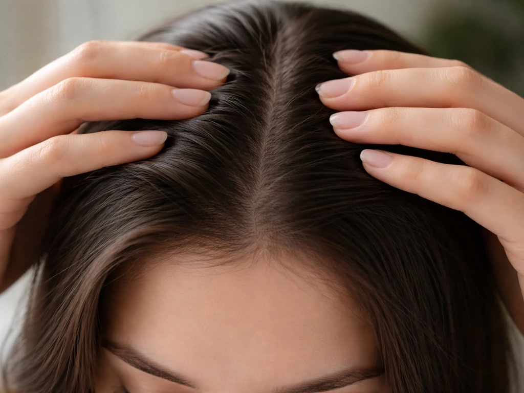 Anonymous person parting hair at the scalp for a self-check under natural light.