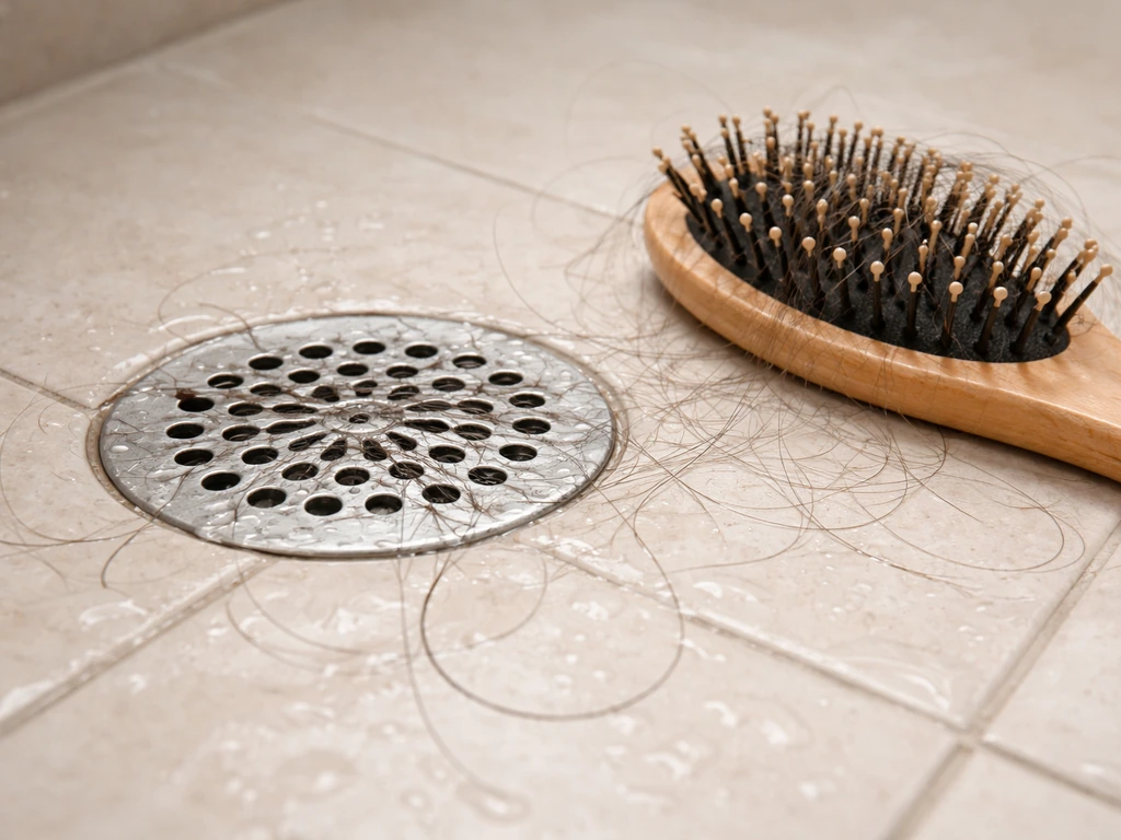 Loose hair strands on a shower drain and hairbrush, suggesting diffuse shedding.