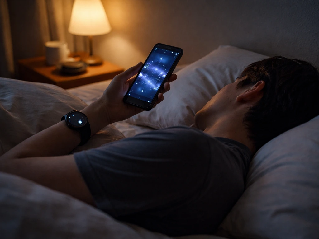 Person in bed at night checking a phone sleep tracker and wearing a smartwatch