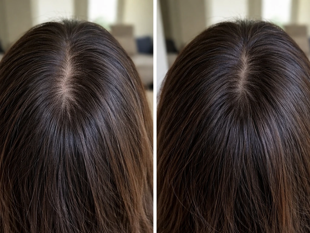 Two side-by-side close-ups of an anonymous scalp part/crown in consistent lighting for weeks 0 and 4.