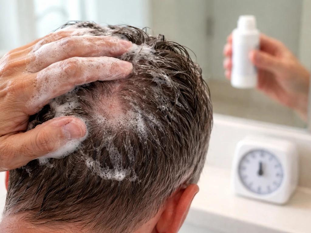 Hand lathering ketoconazole shampoo into scalp with a blurred bathroom timer nearby.