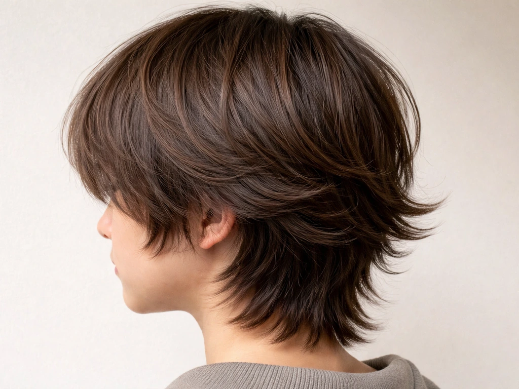 Close-up of layered side-swept hair flaring outward at the “wings” sides in natural light.