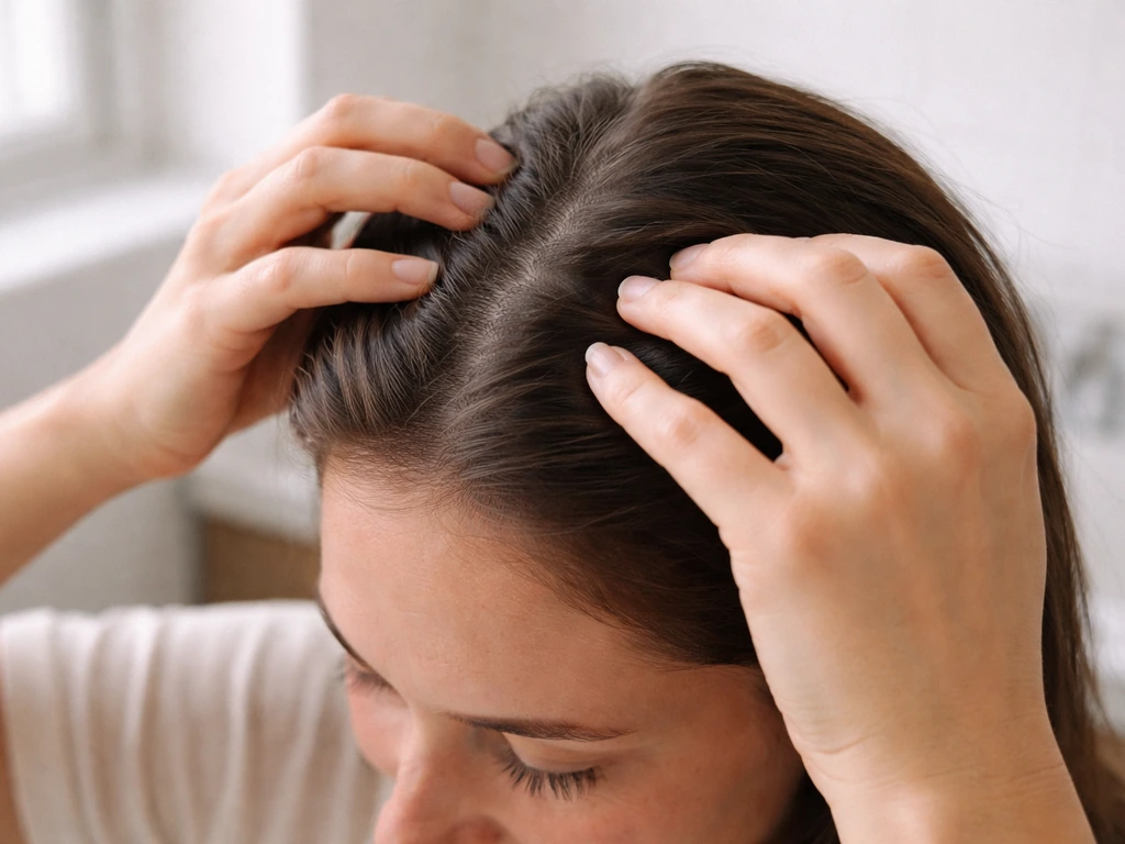 Person gently massaging scalp with fingertips in small circles along the hairline in a bright bathroom.