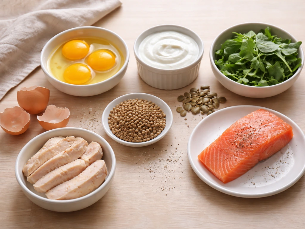 Protein and micronutrient foods flat lay with eggs, Greek yogurt, chicken, lentils, greens, seeds, and salmon.