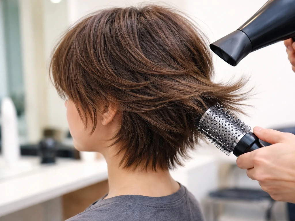 Side hair styled into outward “wings” with a round brush and blow dryer after a layered trim.