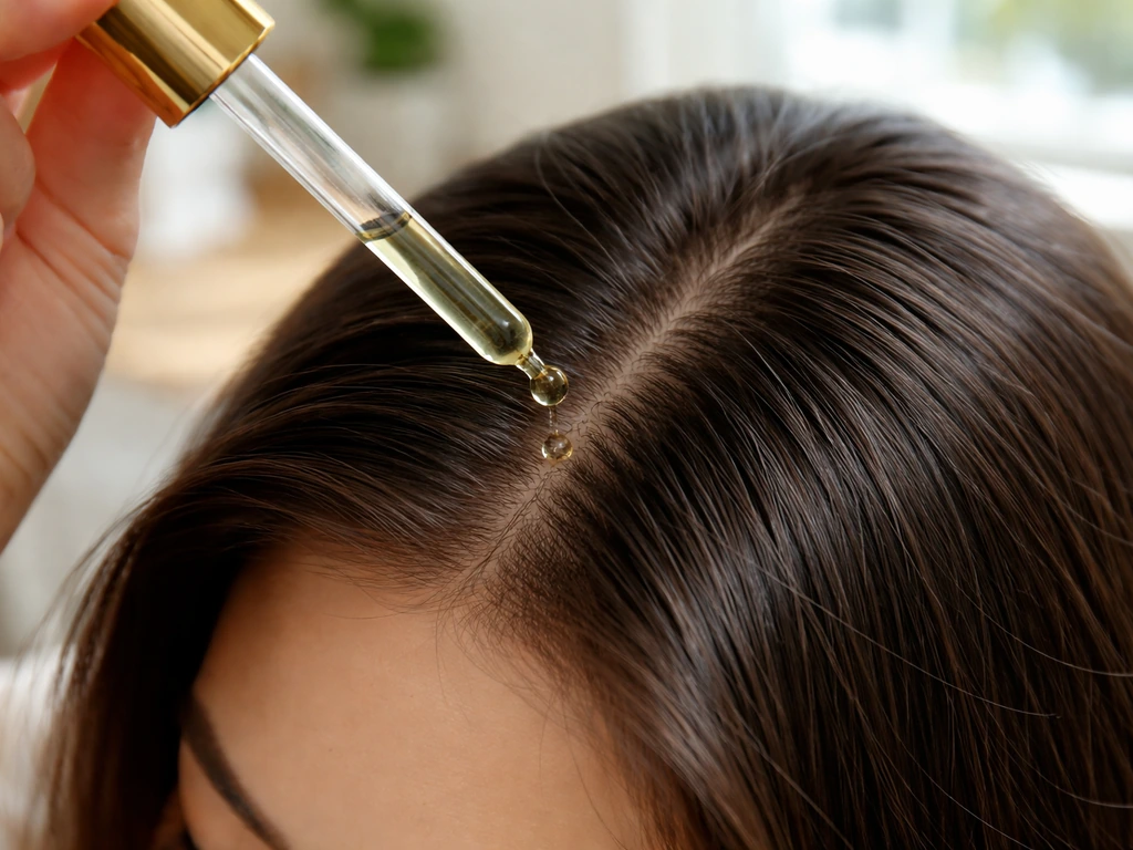 Rosemary oil applied to a parted scalp with a dropper, close-up showing controlled topical treatment.
