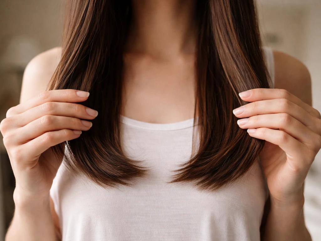 Anonymous person holding shoulder-length hair ends just past the shoulders in soft natural light.