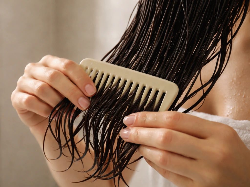 Wet hair detangled with a wide-tooth comb, starting at the ends and gently working upward