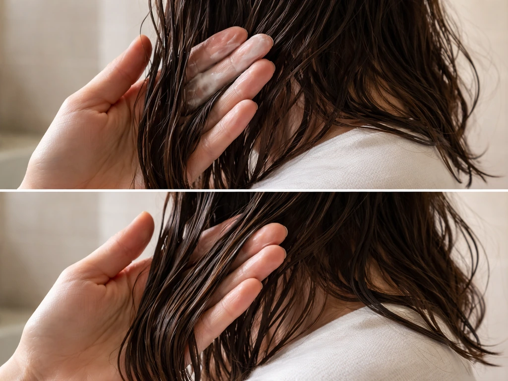 Hands apply leave-in conditioner then sealant to damp hair mid-lengths and ends in a simple bathroom.